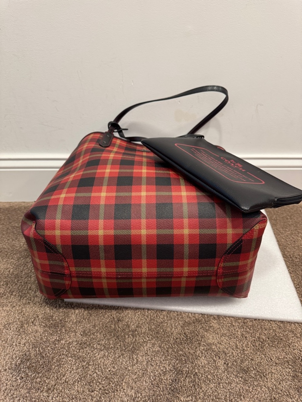 Coach Red and Black Plaid reversible city tote bag storybook pouch wristlet - Picture 7 of 15